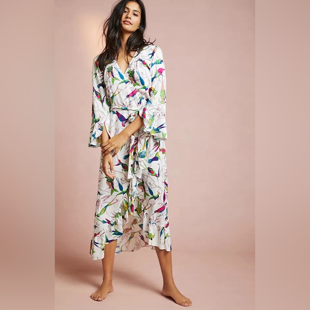 Anthropologie White Floral Wrap Dress with Multicolor Bird Print
